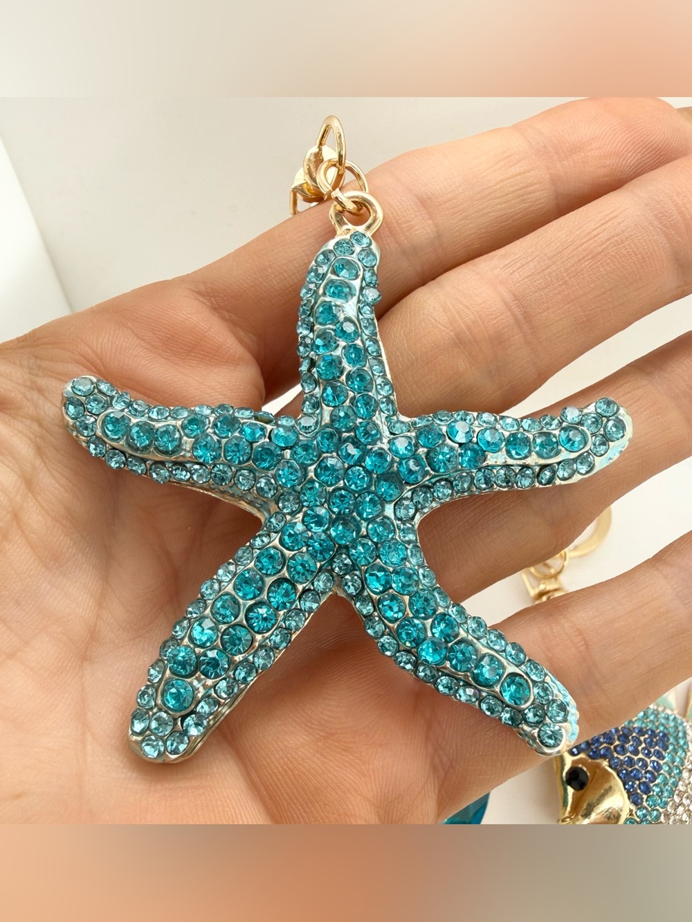 3 Crystal Rhinestone Enamel Fish Starfish Dolphin Keychain Bag Charm Gold Tone - Picture 2 of 7